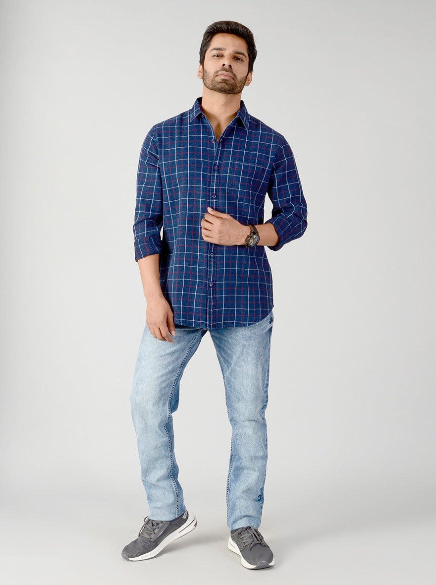 Indigo Blue & Red Checked Slim Fit Casual Shirt | JB Sport