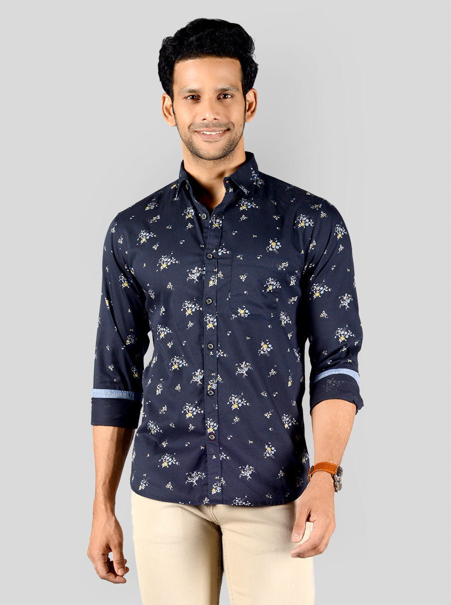 Eclipse Blue Printed Slim Fit Casual Shirt | Greenfibre